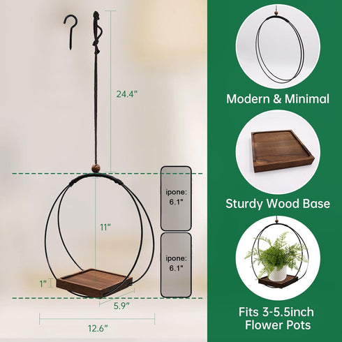 3-5.5 Inch Hanging Planter for Indoor Plants, Black Plant Hanger Indoor with Sturdy Wood Base, Modern Boho Macrame