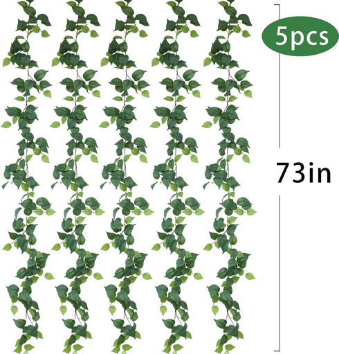 mizii 5 Pack 365" Artificial Scindaps Vines Garland, Fake Vine with Silk Green Leaves for Bedroom Wall Party Wedding