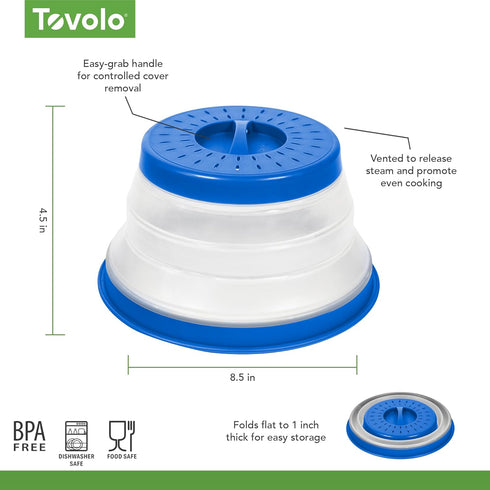 Tovolo Microwave Splatter Cover for Food, Small (Blue) - Collapsible & Vented Silicone Lid with Handle