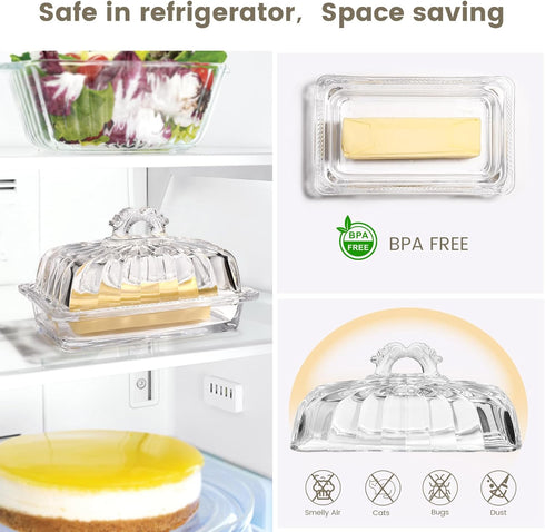 24oz Countertop Glass Butter Dish with Top Arch Handle Lid | Contain Butter Sticks | Covered Butter Keeper Holder Tray