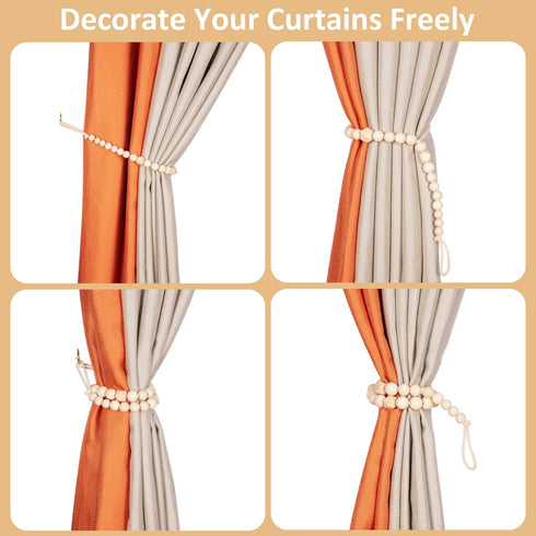 Set 2 Wood Bead Curtain Tiebacks, KLOGTSIND of Curtain Holdbacks for Thin or Thick Window Draperies, Boho Farmhouse