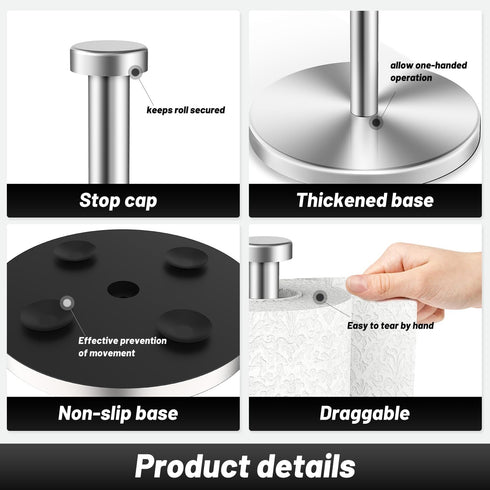 VEHHE Stainless Steel Paper Towel Holder Countertop, Standing Roll Holder with Weighted Base and Suction Cups (Silver)