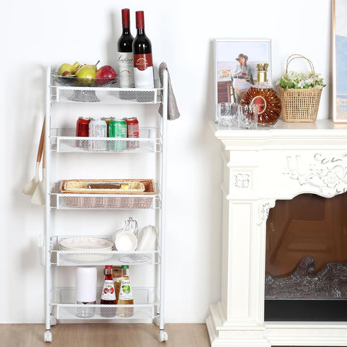YESBAY 5-Tier 5-Layers) Metal Mesh Storage Rack with Rolling Wheels, Vegetable Basket for Kitchen, Stackable Fruit