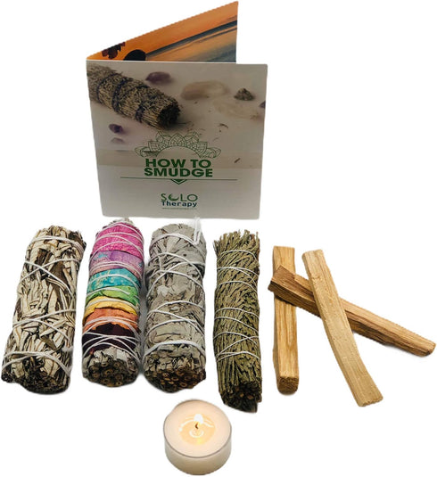 Smudge Kit Spiritual Set - White Sage, Cedar, 7 Chakra Sage, Palo Santo, Sandalwood Candle for Cleansing & Blessing