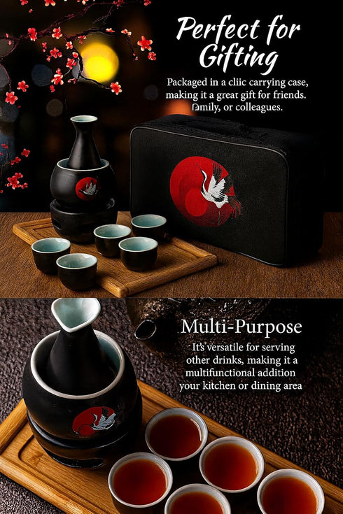 LOONCREST Set 6 1 1 Set Japanese Sake Cup with Ceramic Cups, Ceramic Sake Bottle, Ceramic Sake Warmer, Bamboo Tray
