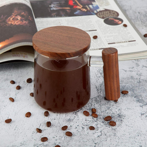 Safe(2PCS,15oz/450ml) COMI Glass Coffee Mugs, Clear Coffee Mugs with Walnut Lid&HandleWide Mouth Extra Large Capacity