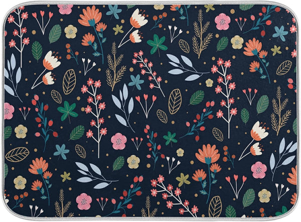 Dish Drying Mat for Kitchen Counter, Colorful Flowers Black Absorbent Drying Matt for Dishes Sink 16'' x 18''