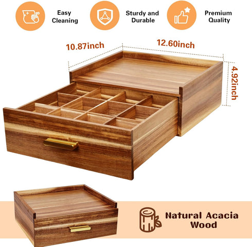 NANXITU Drawer,with12 Countertop Acacia Wood Tea Holder Organizer,Tea Box Organizer Storage Box,Tea Caddy for Tea Bags