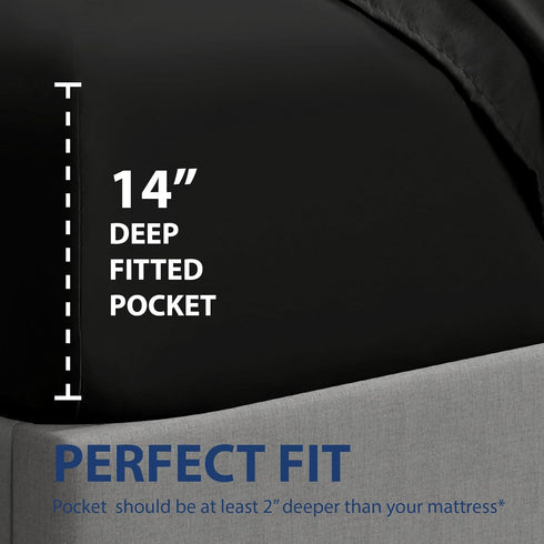 Cathay Home Luxury Wrinkle and Fade Resistant Microfiber Fitted Sheet, 14-inch Standard Pocket, Black, Full