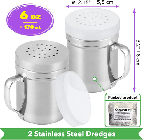 CUSINIUM Metal Salt Pepper Cooking Dredge Shakers - With Handle - Seasonings Spice Shakers With Holes and Lids - 6 Ounce, 2pcs | Style: Medium by CUSINIUM