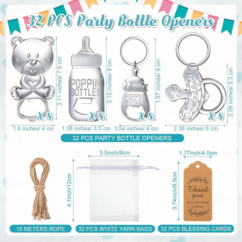 32 Pickmesh Pcs Popping Bottle Openers Baby Shower Return Favors for Guests Bear Footprint Pacifier Baby Bottle Openers