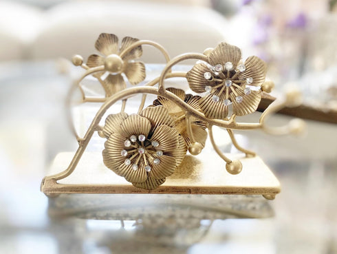 Gold Orchid Blooms Napkin Holder| Exquisite Orchid Flowers & Faux Crystals Design| Vertical Iron Metal Disposable