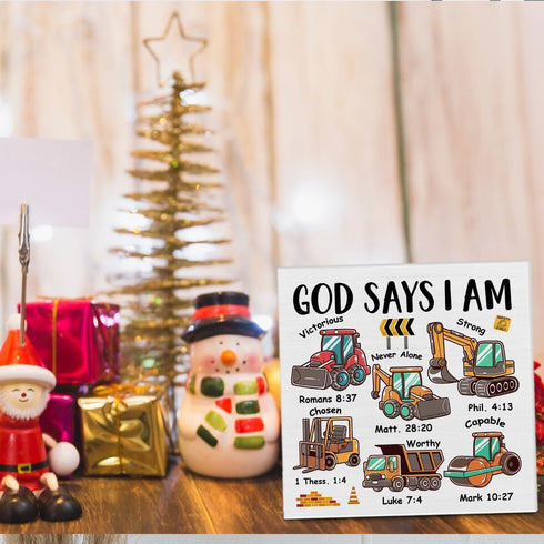 Qlnuk Religious God Says I Am Construction Wood Block Sign Nursery Bible Verse Truck Decor for Home Table Desk Shelf