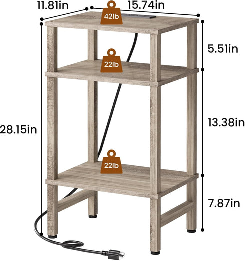 3 Asgolion Tier End Table with Storage and Fast Charging Station, Tall Narrow Nightstand with Type C and USB Port