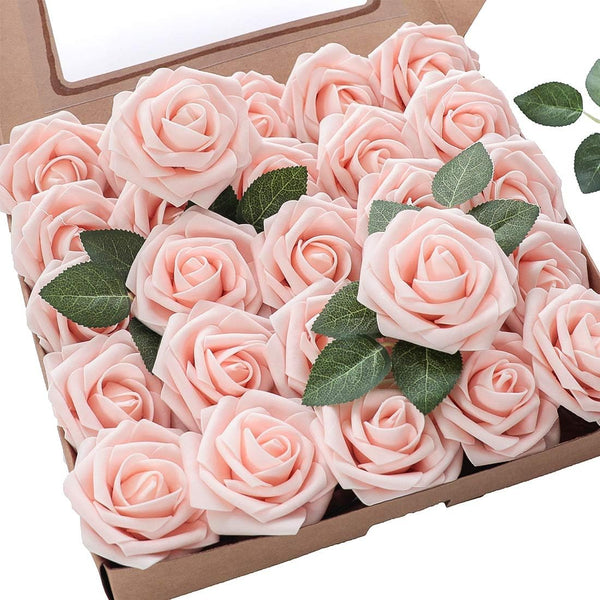 Floroom Artificial Flowers 50pcs Real Looking Blush Foam Fake Roses with Stems for DIY Wedding Bouquets