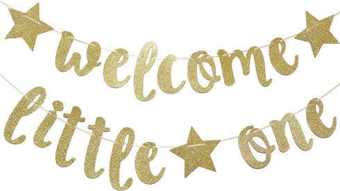 Welcome Little One Glitter Banner, Pre-strung Baby Shower Decor for Gender Reveal Party (Gold)