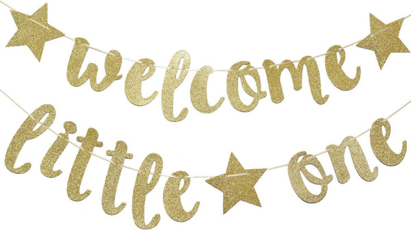 Welcome Little One Glitter Banner, Pre-strung Baby Shower Decor for Gender Reveal Party (Gold)