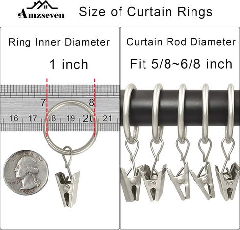 44 Pack Metal Curtain Rings with Clips, Drapery Clips for 6/8 in Curtain Rod, Matte Silver
