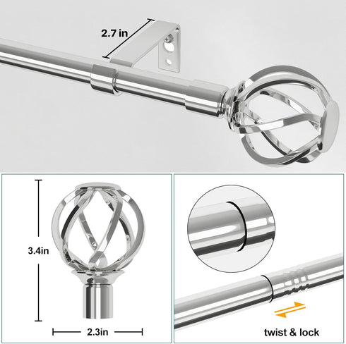 Silver Curtain Rods for Windows 48 to 84 inch with Twisted Cage Finials, Decorative Heavy Duty Curtain Rod with Brackets, Splicing Adjustable Curtain Rods for Bedroom, Living Room, 5/8" Diameter by GSBLUNIE