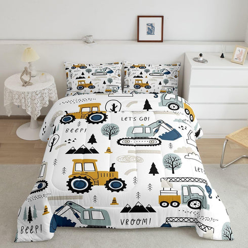Feelyou Cartoon Car Kids Comforter Set Construction Bedding Set for Boys Toddler