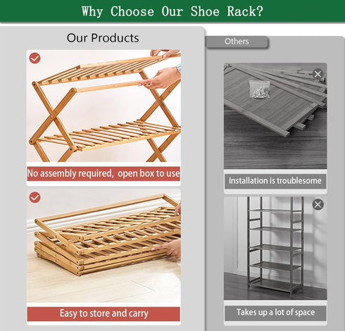 2 (2 Tier Bamboo Shoe Rack,Portable Folding Shoe Storage Rack,Without Installation Small Shoe Rack Perfect