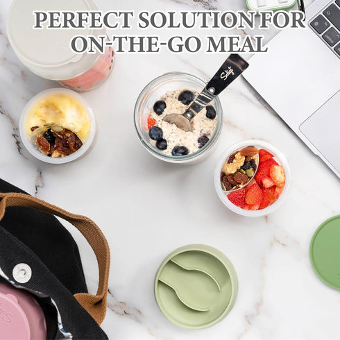2 Pack 16oz (2 Set-Oat SOLIGT Overnight Oats Containers with Lids, Folding Spoons and Divided Compartments for Fruit