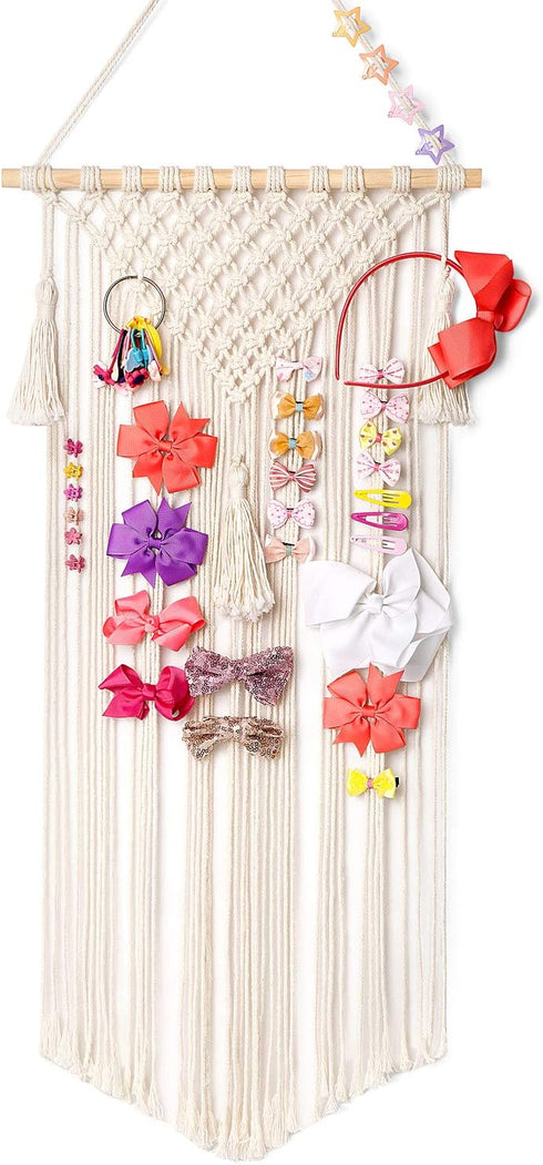 Mkono Macrame Hair Bow Holder, Hanging Clips Hanger Organizer for Baby Girls Room, Ivory (Clips Not Included)