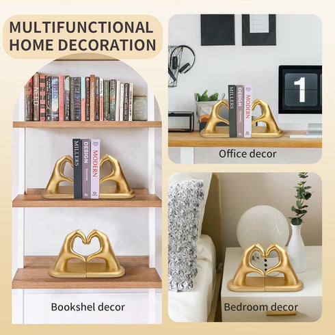 Kityemo Gold Decorative Bookends for Shelves, Heart Hands Book Ends Sculpture Aesthetic Decor for Bedroom Living Room