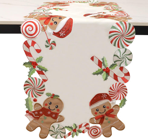 90 inches Gingerbread Table Runner Christmas Runners Embroidered Decorations Candy Cane Long for Kitchen Dinning Coffee