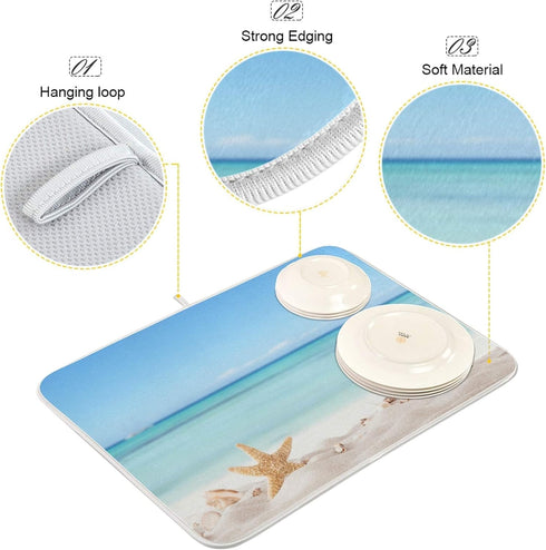 Summer Starfish Dish Drying Mats, Seashells Beach Theme for Kitchen Counter Sink, 16x18 Inch