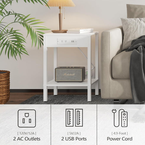 MMEOLUOOK 2-Tier MLBZ14WE End Table with Charging Station, Nightstand with Storage Shelf,Modern Side Table,Bedside