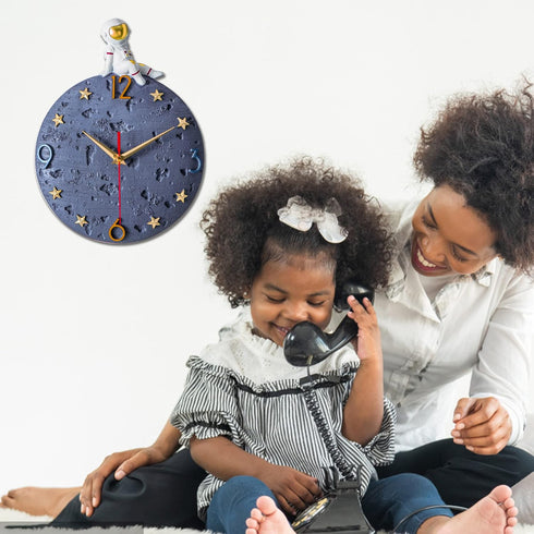 12 Inch Space Theme Wall Clock, Astronaut Moon Wall Clock, Grey Modern Silent Clock for Kids Room Nursery Living Room