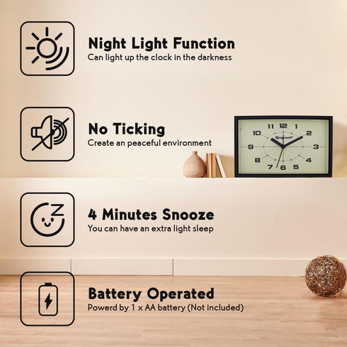 6 inch Analog Alarm Clock, Silent Non Ticking Small Clock with Night Light, Battery Operated Simply Design for Bedroom