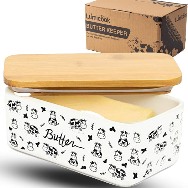 porcelain butter dish with lid, Natural bamboo lid, seal included for airtight