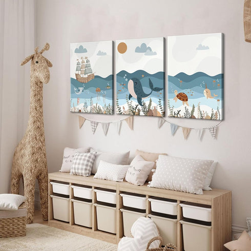 3Pcs 12x16 Inch SUAXTCCR Nautical Nursery Canvas Wall Art Blue Beach Animal Wall Decor Pictures Ocean Kids Room Sea