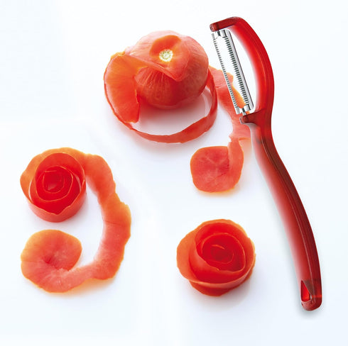 Triangle Swivel Peeler in Red, Stainless Steel Serrated Twin Blade for Soft Fruits & Vegetables, Dishwasher Safe