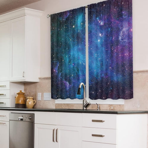 Cinbloo Galaxy Kitchen Curtains, Out Space Wall Art Rod Pocket 27.5W x 39L Inch, Blue Nebula Universe Room Decor for