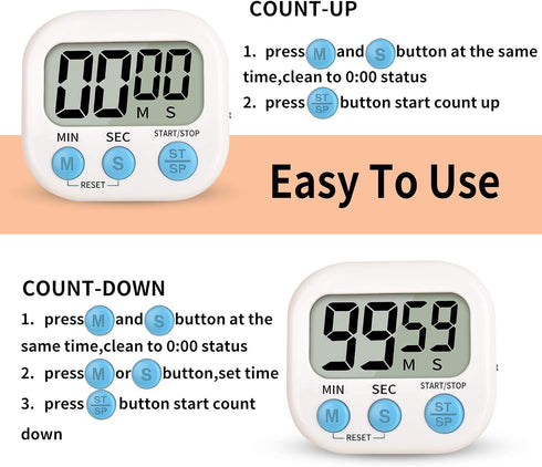 Timer for Kids, Digital Kitchen Timer, Magnetic Back, Loud Ring, Stand for Cooking, Classroom, 2 Pack