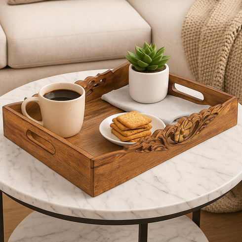 16x12x2.5 Countertop Mela Artisans Orchid Design Wooden Decorative Tray with Handles | Mango Wood Ottoman Tray |