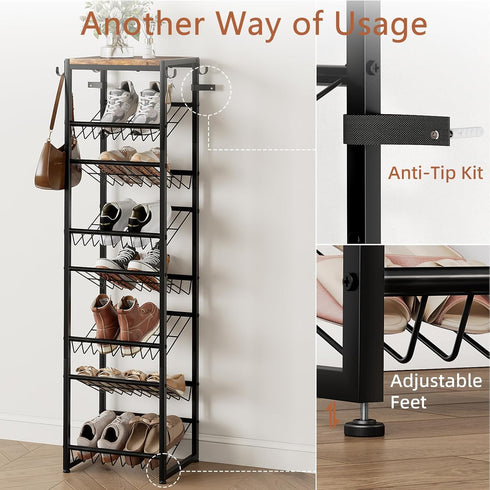 8 8-16 Closet Tier Rotating Vertical Shoe Rack Tower, Wooden Tall Shoe Storage Organizer with Hooks, Sturdy Metal