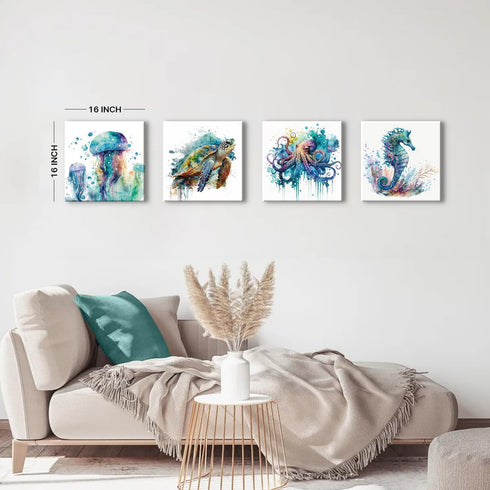 16x16" 4P Sea Turtle Bathroom Decor Ocean Animals Canvas Wall Art Nautical Theme Teal Octopus Pictures Nursery Kids