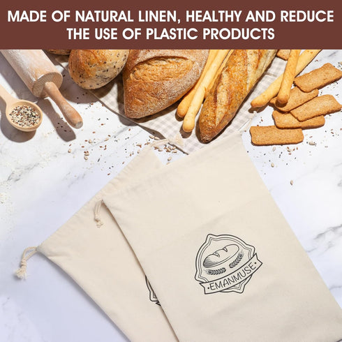 2-Pack 12x17.5 Inch Linen Bread Bags for Homemade Bread & Sourdough, Unbleached with TPU Lining - Reusable Washable