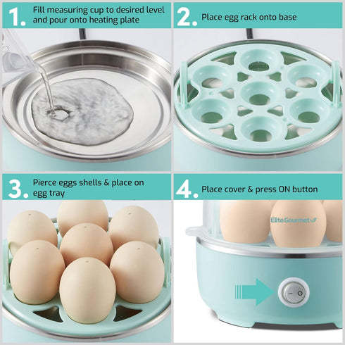 Elite Gourmet EGC115M Easy Egg Cooker, Electric 7-Egg Capacity, Auto Shut-Off, BPA Free, Retro Mint