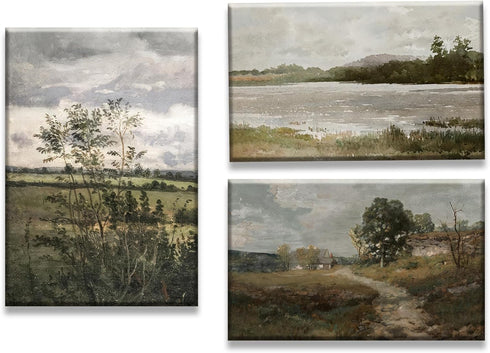 Field Landscape 3 Pieces Split Print Wall Art, Vintage Country Landscape Painting, Nature Abstract Art Mural
