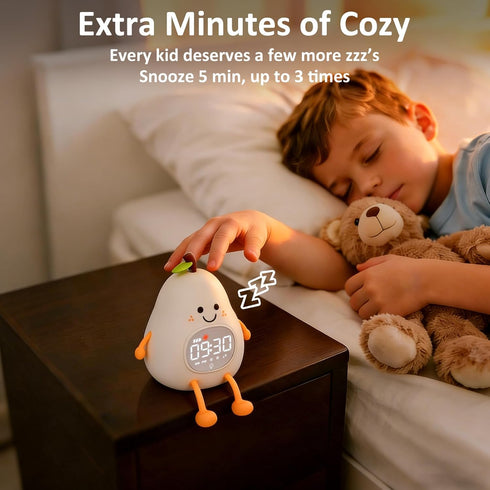Pear Alarm Clock with Night Light for Kids with Sleep Training Light and White Noise, Rechargeable Silicone Lamp OK