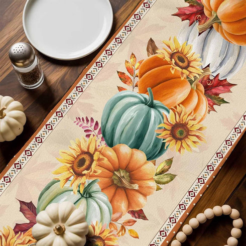 LooPoP 13x72 Inches Thanksgiving Fall Pumpkin Table Runners Maple Leaf Orange Lattice Long Washable Table Runner
