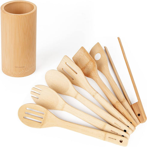 Kitchen Utensils Set of 8 PCS, 12 Inches Bamboo Wooden Cooking Spoon & Spatula Tools for Non-Stick Cookware (Bamboo)