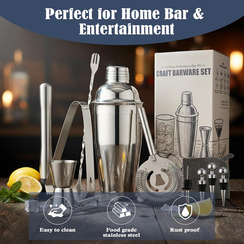13-Piece Set Set Bartender Kit Bar Tool Boston Cocktail Shaker with Muddler,Strainer,Jigger,SpoonHome Bar Accessories
