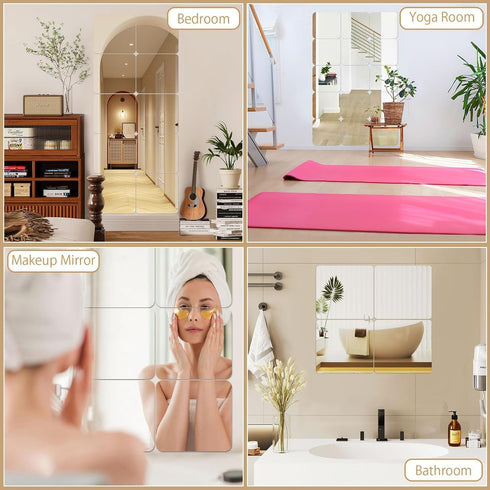 JUNEBRUSHS 4 Pack Self Adhesive Acrylic Mirror Tiles, 8 x 8 Inch Flexible Plastic Mirror Sheets, 2MM Thick