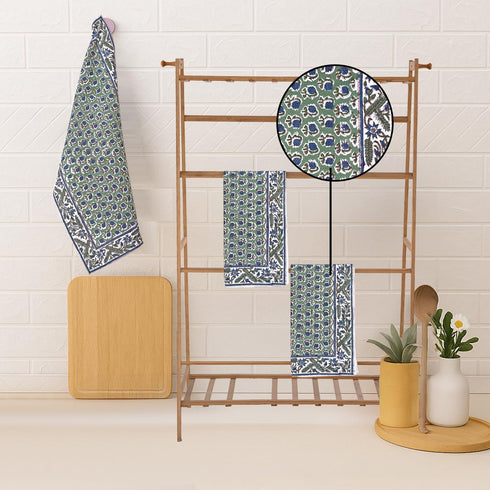 Set 3-16 x28 100% Ridhi Basil Green Hand Block Print Waffle Kitchen Towel of Ultra Absorbent Quick Dry Cotton Dish